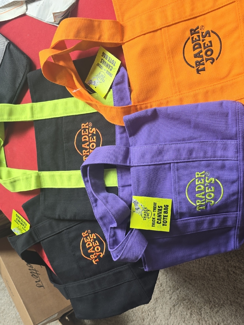 Trader Joe's 4 Halloween colors canvas mini tote bags with logo